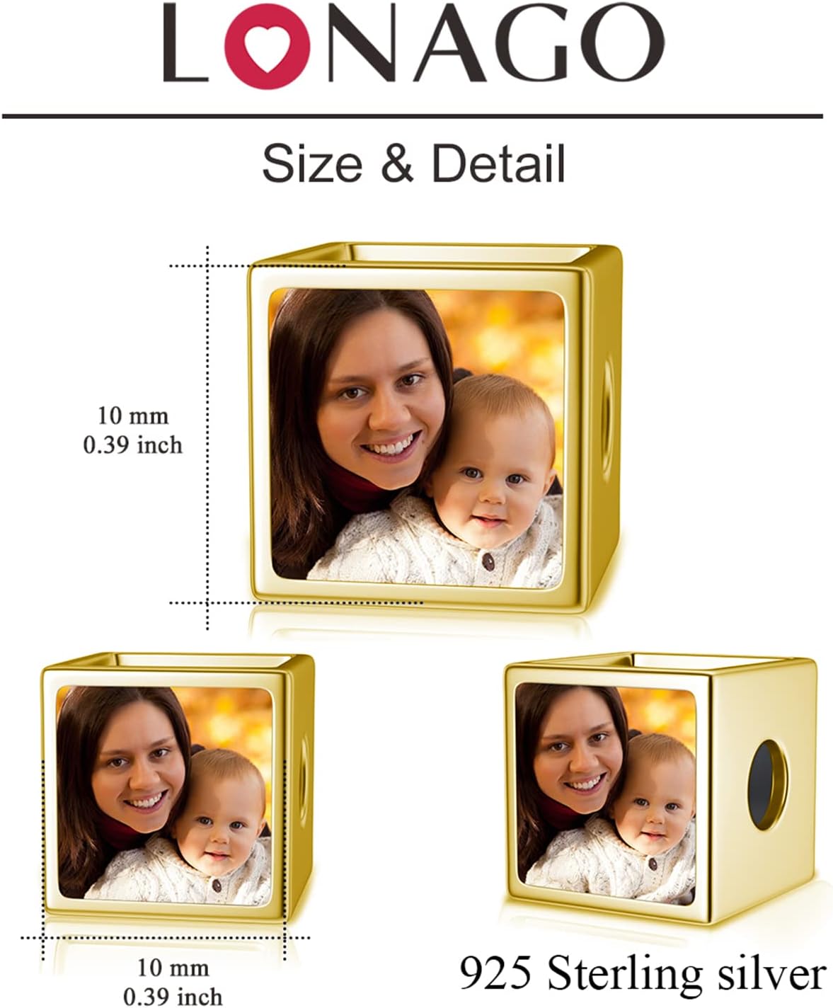 LONAGO Personalized Four-Sided Three-Sided Two-Sided Photo Charm 925 Sterling Silver Customized Bead Holds 2/3/4 Images Pictures Fit Snake Bracelet for Women