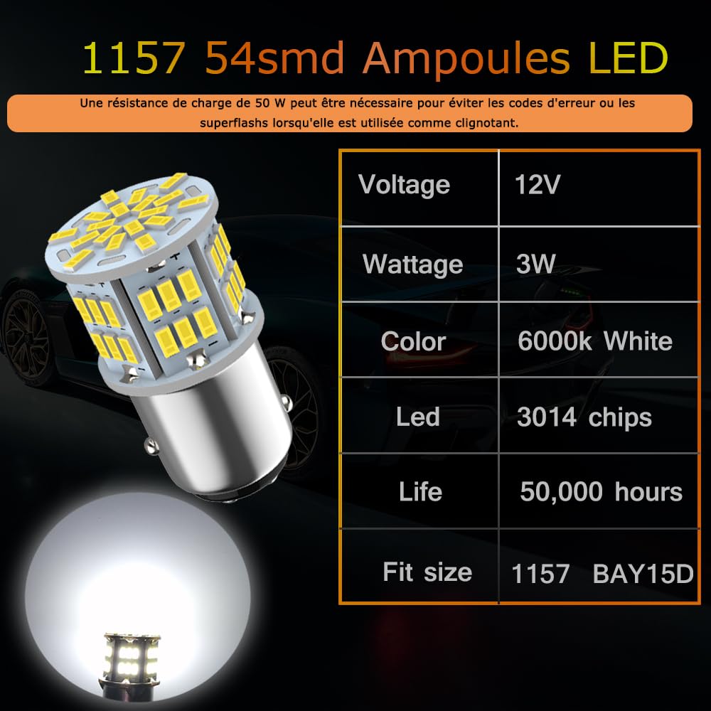 Super jasna żarówka LED 1157 P21/5W, 2800 lumenów 54X 3014 chipset BAY15D 2057 2357 7528 6500k biała żarówka LED do świateł postojowych tylnego hamulca samochodowego Rv, 2 szt