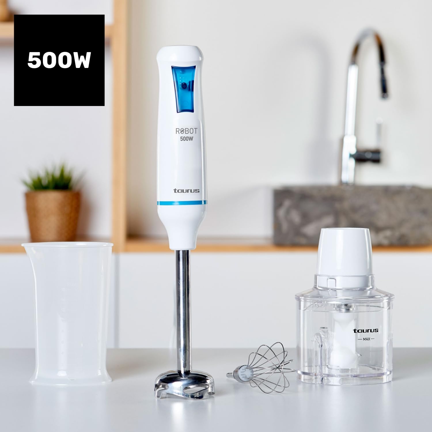 Taurus - Frullatore a immersione Robot 500 Plus Inox | Minipimer 500W | Lama inox | Sistema antispruzzo | Turbo Rotation System | Design ergonomico | Accessori inclusi