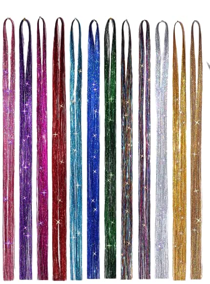 DAZZ LOOK® 12 Colors Hair Tinsel Extensions, Hair Tinsel Straight, Glitter Shiny Hair Highlights Hair Extension for Party Cosplay Music Festivals Christmas, 18 Inch Long (Multicolor)