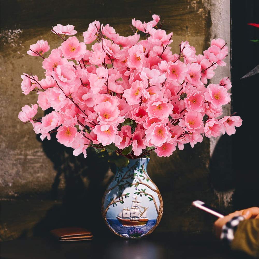 VRCT Polyester Fabric and Plastic Artificial Cherry Blossom Flower (1 Bunch 7 String) it is Set of 3 Pieces(vase not Included) 1