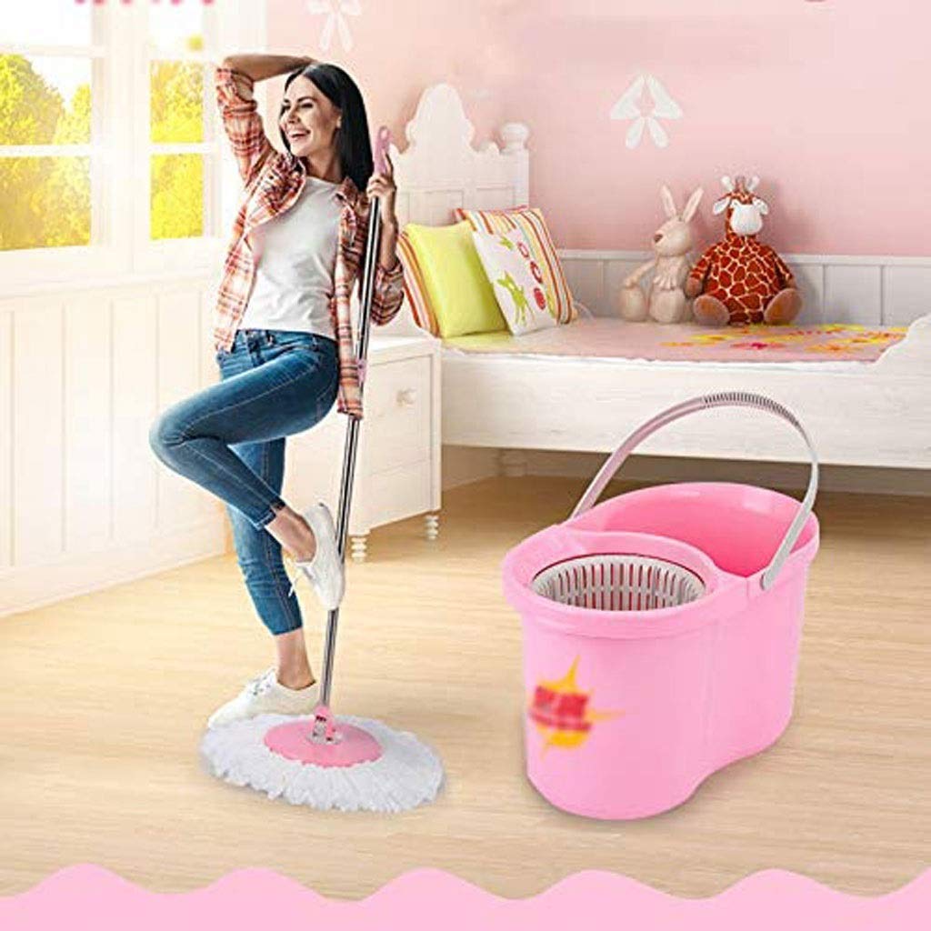Cubo para fregona, fregona de Microfibra, Doble accionamiento, Cubo para fregona a presión Manual, fregona giratoria Desmontable, Potente Limpieza rápida (Rosa)