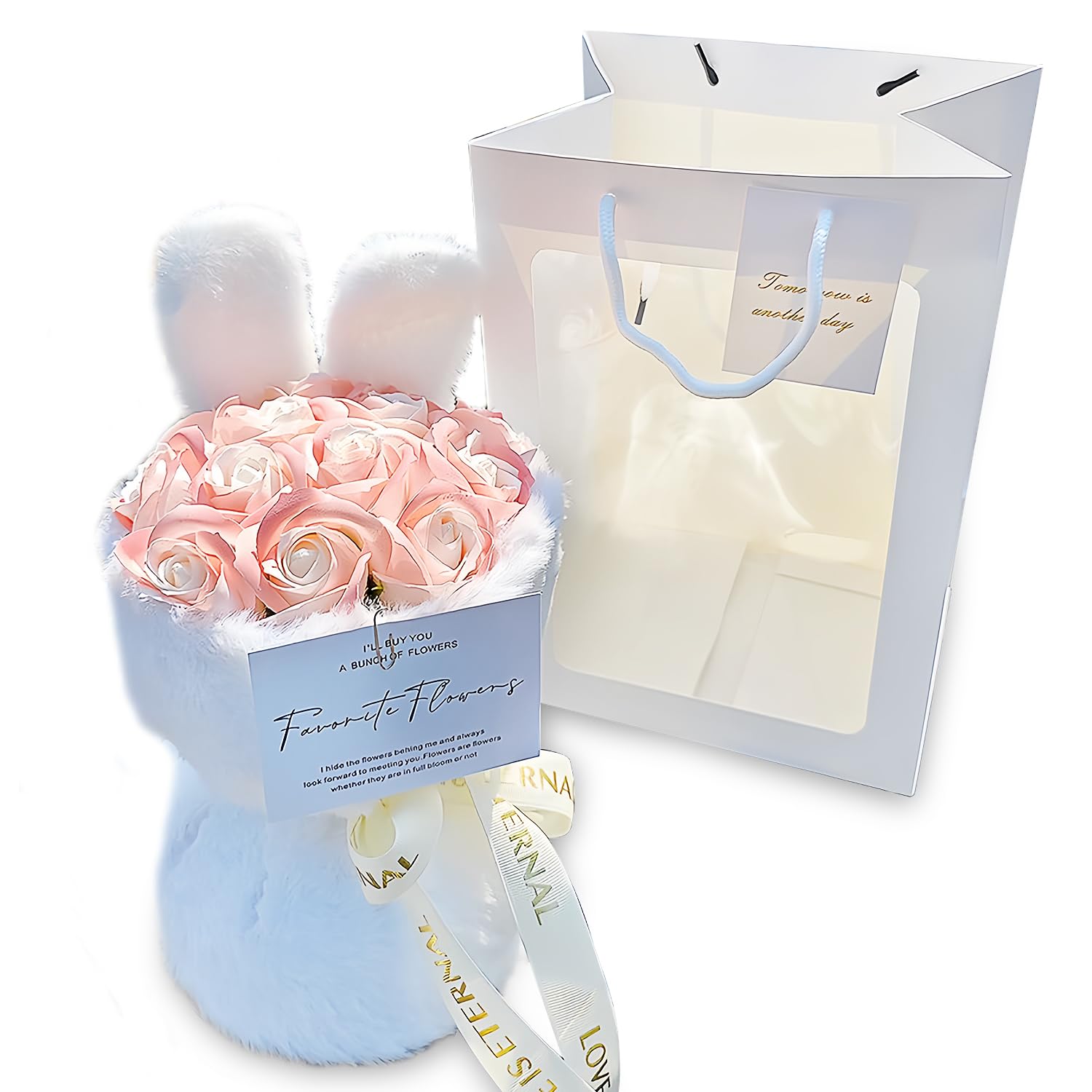 Photo 1 of ***WHITE*** Exquisite Handheld Preserved RoseBouquet -Gifts for Her, Partner& Wife & Mom,Family,Everlasting Flowers for Special Day,Romantic and Surprising Gift,Plush Flower Box Set with Gift Card,Pink(Pink)