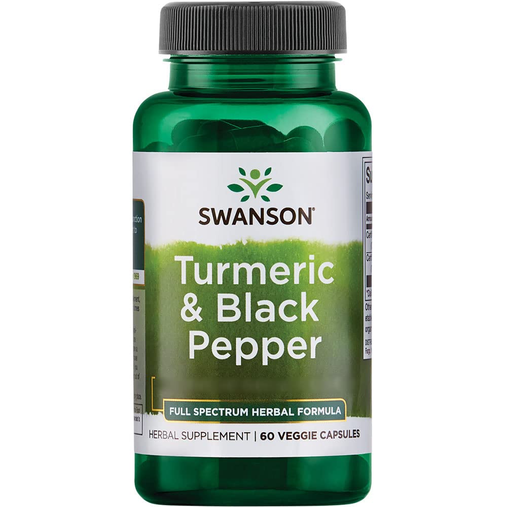 Swanson, Turmeric & Black Pepper (Cúrcuma y Pimienta Negra), 600mg, 60 Cápsulas vegetales, Testado en Laboratorio, Sin Soja, Vegetariano, Sin Gluten, No GMO