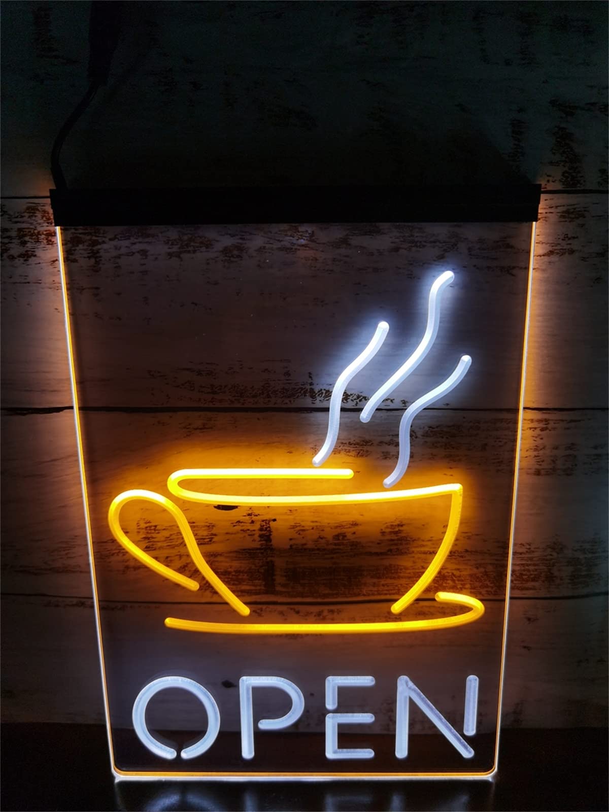 KEYQEEN Open Coffee Cup LED Neon Sign, Cafe Shop Party Dual Color Neon Lights for Wall Decoration USB Luminous Signboard,White Orange,30x40cm