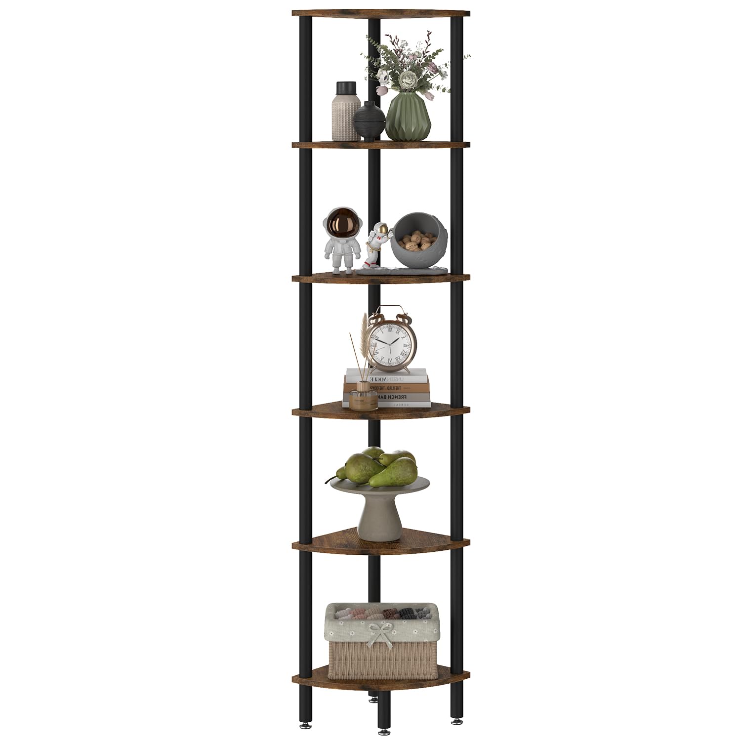 IBUYKE 6 Tier Corner Shelf Stand,Industrial Corner Display Rack,Corner Bookshelf for Living Room, Bedroom, Kitchen, Home Office, Brown WBC011H