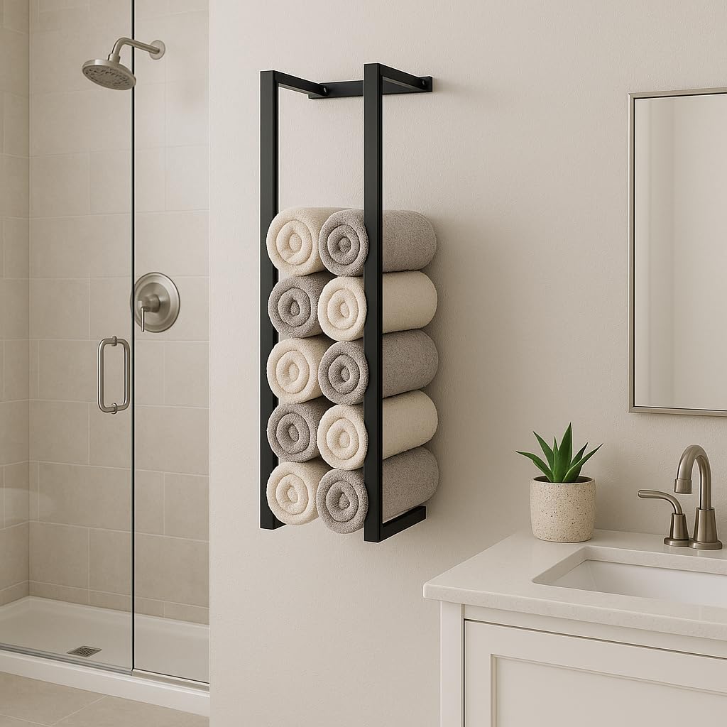Wall Mounted Double Bar Towel Rack – Black Stainless Steel Bathroom & En-Suite Towel Holder Rail, Space Saving Storage for Hand & Guest Towels (70CM)