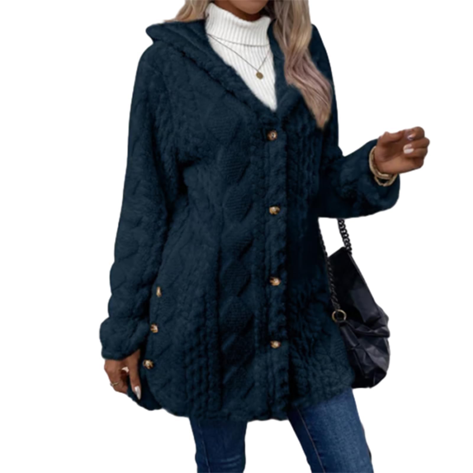 Womens Fall Winter Warm Fashion Jacquard Hooded Cardigan Long Sleeve Coat Stylish Outerwear for Casual Daily Wear