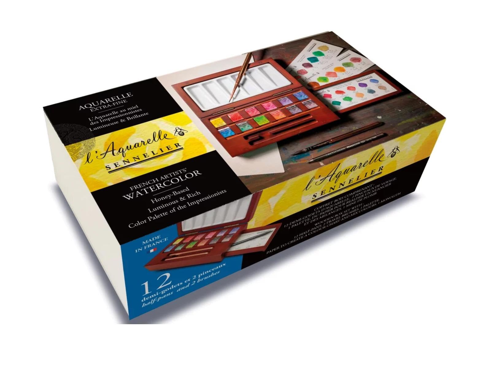 Sennelier Coffret 12 ½ godets Aquarelle extra-fine, en noyer + 2 pinceaux et 1 carte
