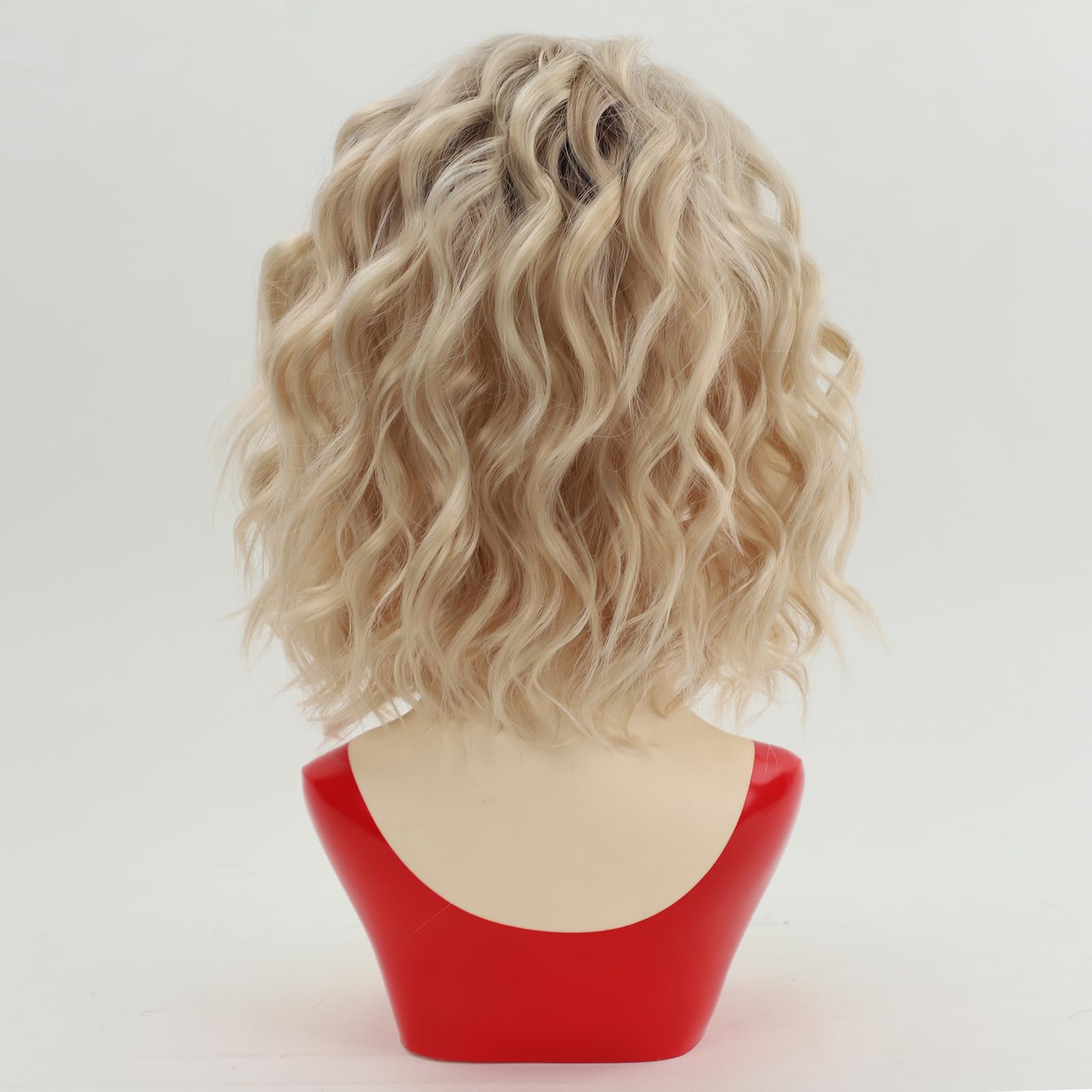 RENERSHOW Short Platinum Blonde Wave Curly Wigs for White Women Layered Ombre Light Blonde Wavy Bob Wig with Dark Roots Medium Length Puffy Synthetic Daily Party Wig