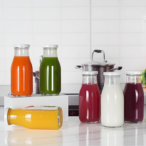 Miniatura 3 de YEBODA Botellas de leche de vidrio de 11 onzas con tapas giratorias de metal reutilizables y pajitas para bebidas y bebidas, fiestas, bodas,