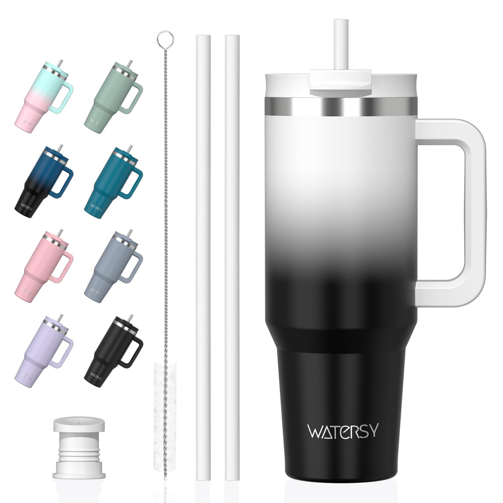 WATERSY 40oz Travel Mug Coffee Cup with 2 Straws, Tumbler Lid and Handle, Stainless Steel Double Wall Vacuum Insulated Coffee Water Bottle Thermal for Cold Hot Coffee 1182ml White Black