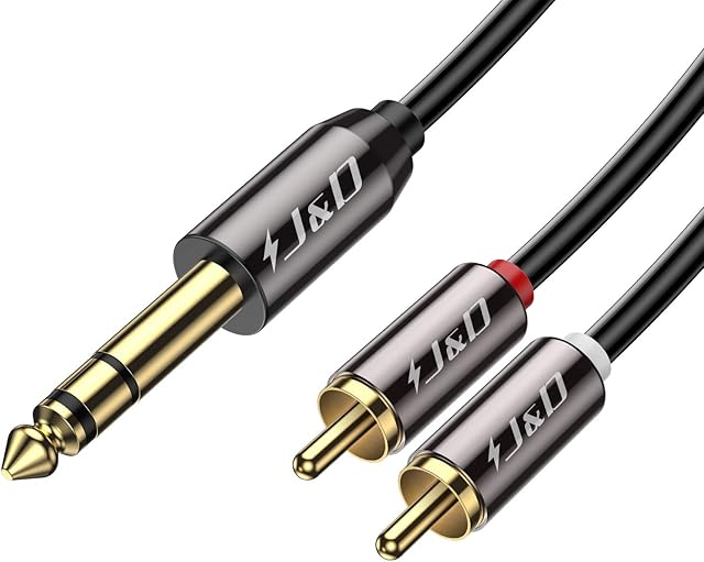 J&D 1/4 inch TRS to Dual RCA Audio Cable, Gold Plated Copper Shell Heavy Duty 6.35mm 1/4 inch Male TRS to 2 RCA Male Stereo Audio Y Splitter Cable, 6 Feet