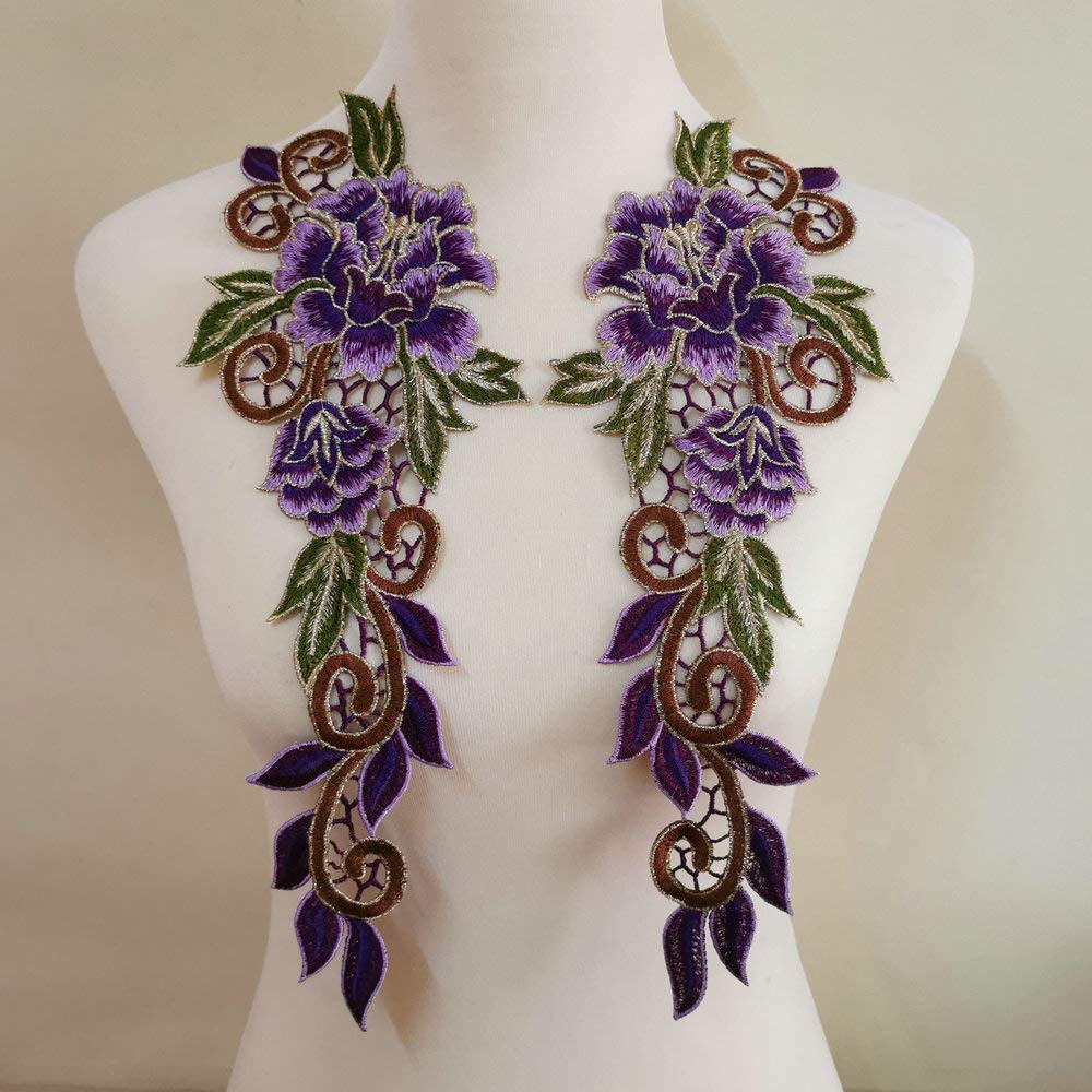 FEEPOP 3D Red Rose Floral Trim Venise Applique Motif Embroidered Collar Sew on Patches for Sewing Repair Clothes (Violet)