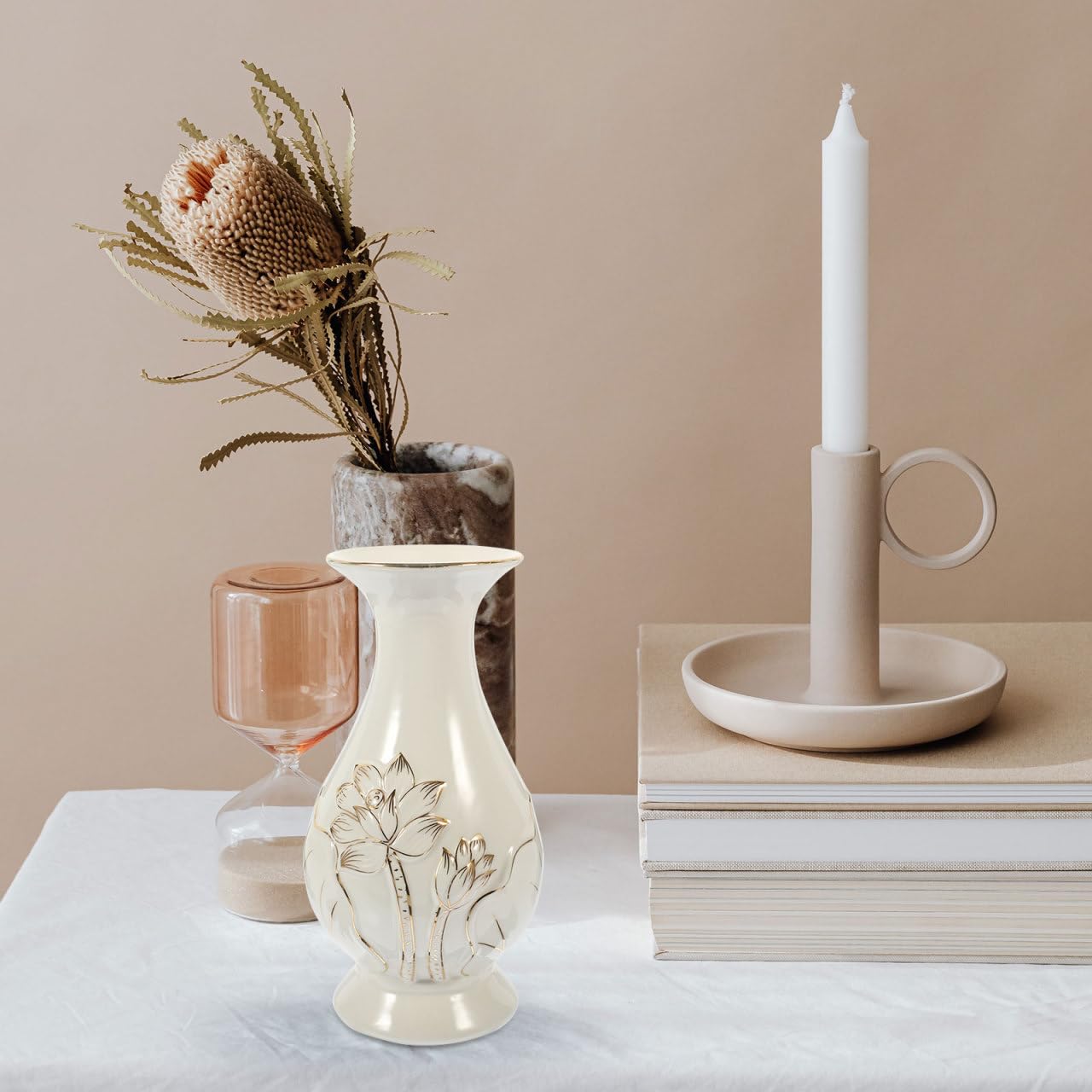 Tofficu Tempelvasen-Set, Keramik, Lotus-Design, kleine Blumenvasen, 17 x 17 x 8 cm, dekorative Vase für Heimdekoration, buddhistischer Altar, 2 Stück