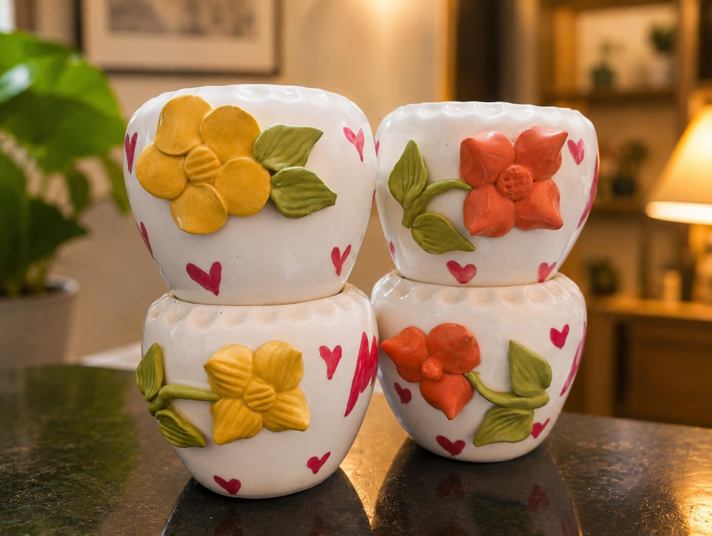 Ceramic Decorative Flower Planter Pots Pack of 4 | White Embossed Floral Design Indoor Plant Pots for Cactus & Small Plants | Home, Office & Living Room-image-7