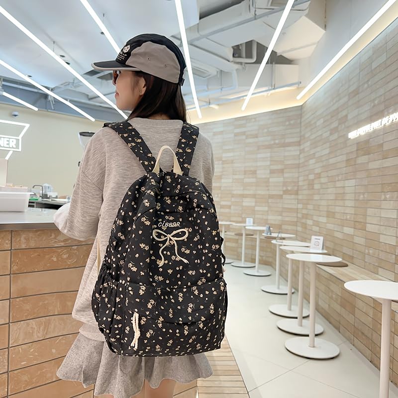 Floral Backpack Kawaii Bookbag Aesthetic Backpack for (Black)3