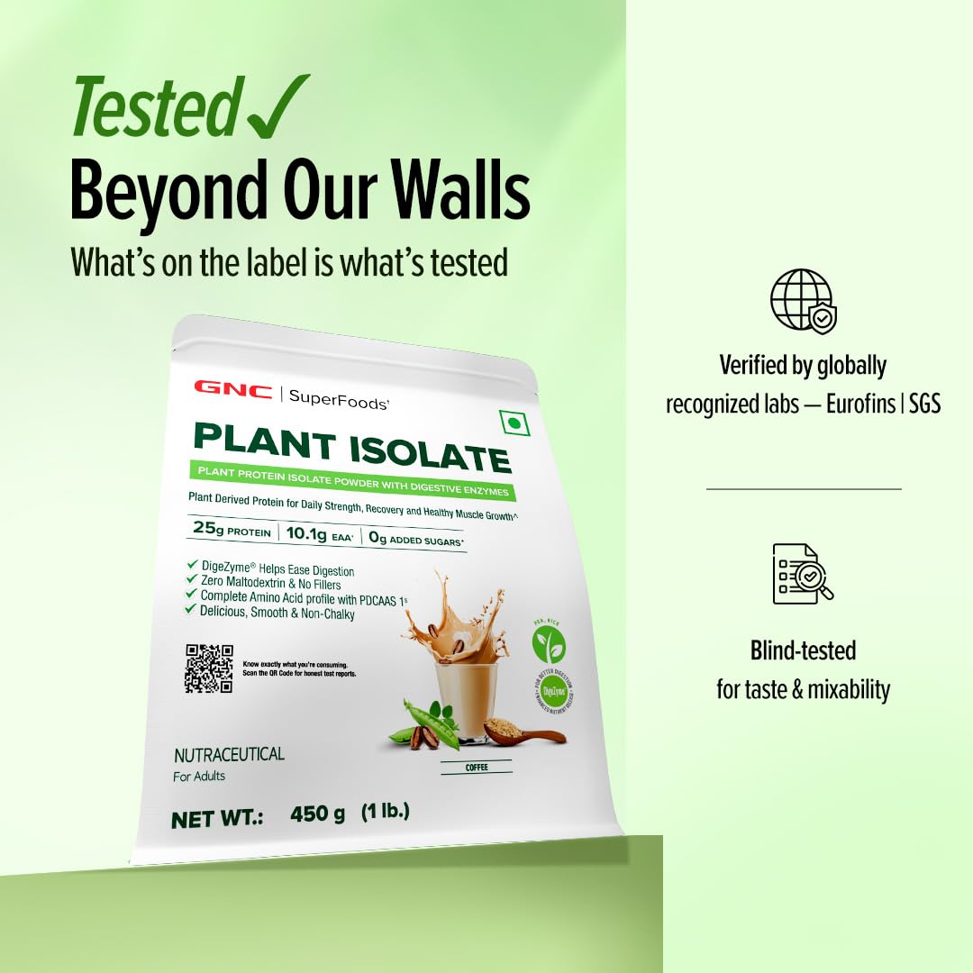 GNC Plant Protein Isolate Powder | 25g Protein Complete Amino Acid Profile with PDCAAS 1 Score | DigeZyme® For Faster Absorption | No Added Sugar | Delicious & Non-Chalky | Coffee (1lbs) — Amazon image 5