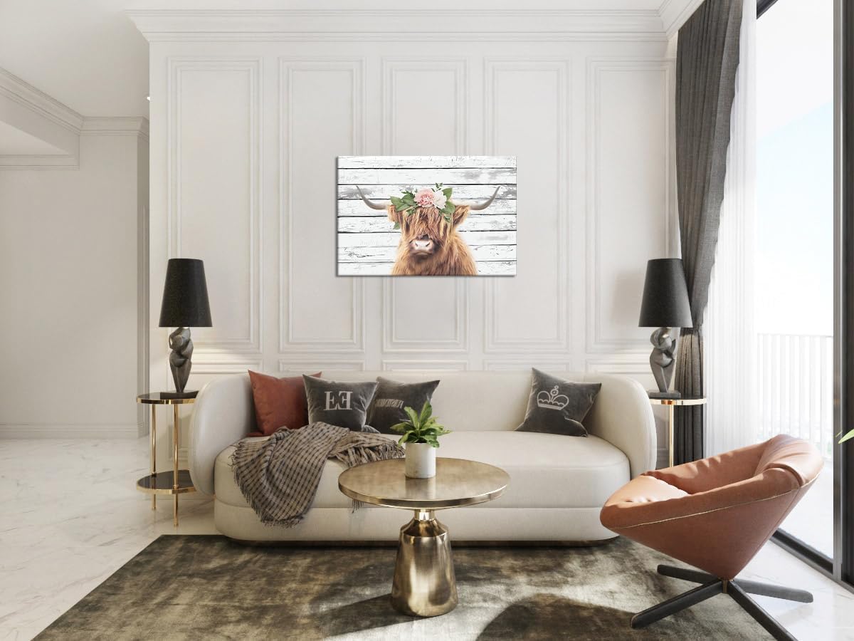 Novatique Farmhouse Cow Wall Art Highland Cow Bathroom Wall Decor Modern Country Art Highland Cow with Flower Canvas Print Cow Wildlife Home Decor for Living Room, 24 x 36inch