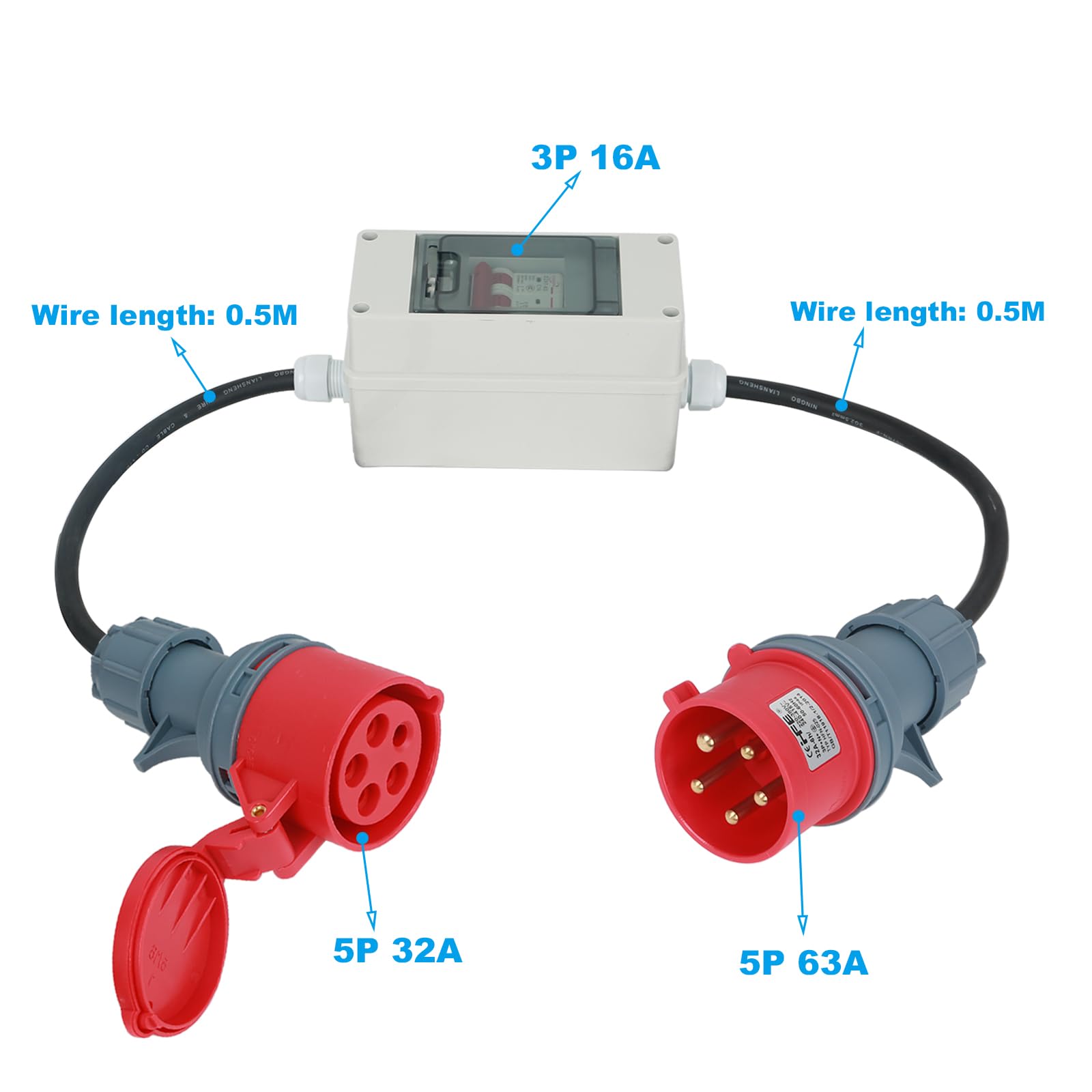 Adattatore CEE ad alta corrente, 32A a 16A 5G2.5 5P, spina 32A su presa CEE rossa 16A, spina 32A su 16A accoppiamento con interruttore di protezione del cavo, adattatore CEE ad alta corrente, 2 cavi