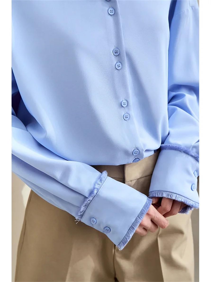 Camisa de manga larga para mujer con flecos empalmados y solapa de oficina formal elegante blusa suelta