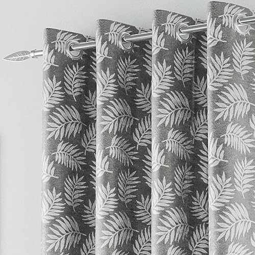 Oakland Grey Leaf Print Thermal Blockout Curtains with Eyelet Top, 66 x 72 inch (168x183cm) - Image 2
