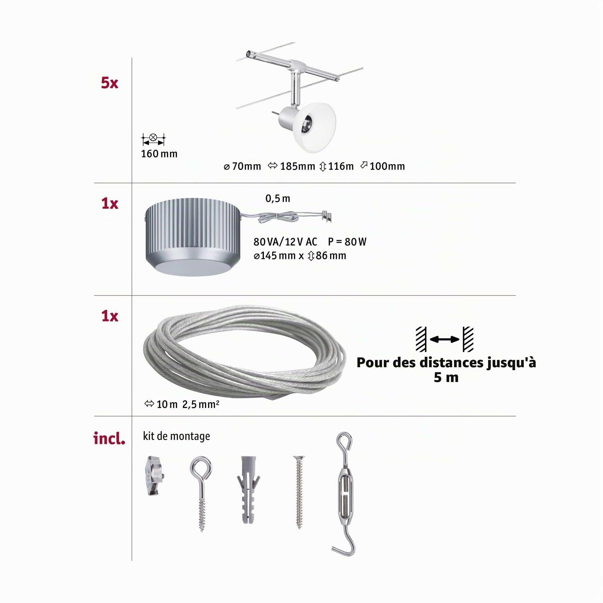 Paulmann 94136 Système de Câbles Sheela Set Extensible 5x10W max, Chrome Mat/Opal Système sans Ampoules