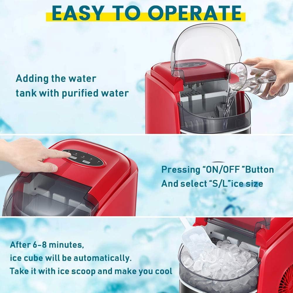 Diagram showing the dimensions of the Kismile ice maker: 9.5 inches width, 13 inches height, 13.9 inches depth, and illustrations of small and large bullet-shaped ice cubes