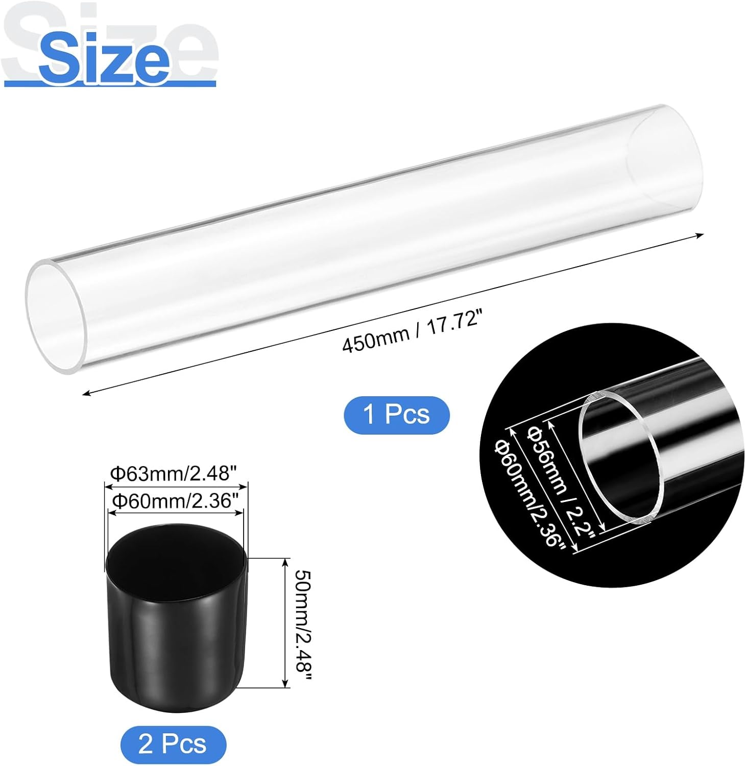 uxcell clear rigid acrylic pipe, 56mm(2.2") id x 60mm(2.36") od 18" round polycarbonate tube plastic tubing with rubber caps for plumbing, lighting, aquarium, diy projects 56mm id x 60mm od 18"