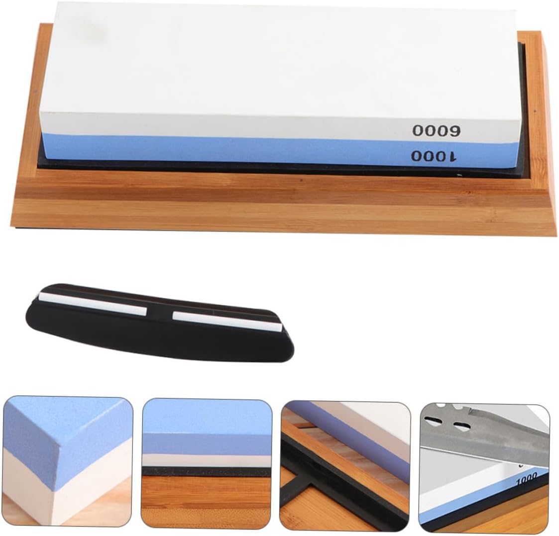 Double-sided Kitchen Knife Sharpening Stone Set 1000/6000 Grit Whetstone with Silicone Mat, Base, Angle Guide, and Correction Stone for Home Scissors and Knife Grinding – 5pcs Kit
