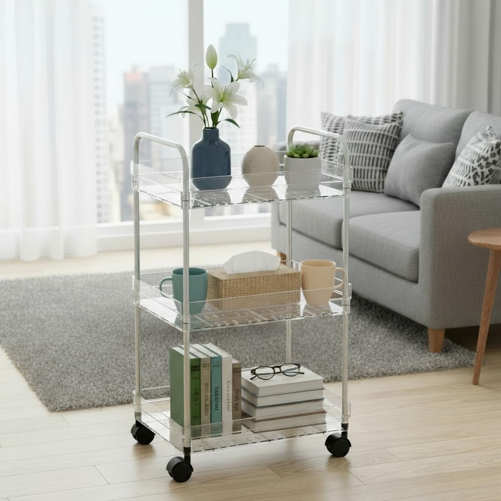 2 Tier Utility Rolling Cart with Wheels Multifunctional Storage Cart Under Desk Storage Organizer with Handle and Hooks for Home Kitchen Office Bathroom Organization Transparent