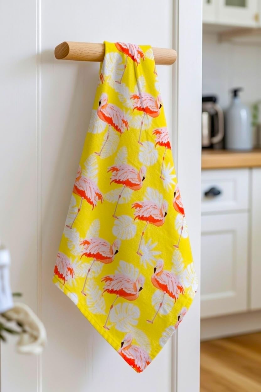 Pack of One - Vibrant and Colorful Flamingo Kitchen Towels/Flamingo Tea Towels for Daily Use & Home Decoration Yellow Design