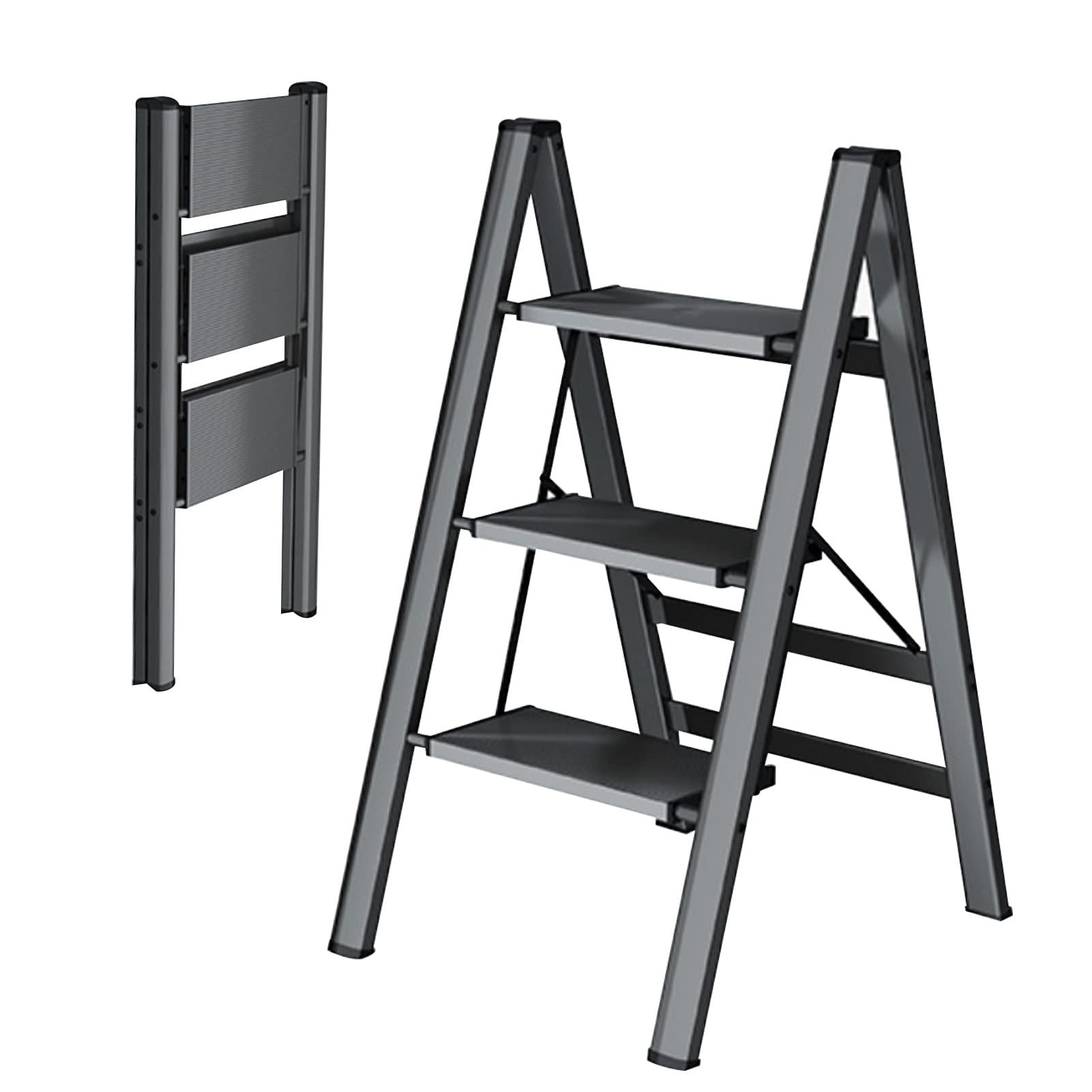 Beauenty Lightweight Home Ladder, 3 Steps Ladder Aluminum Folding Step Stool Portable with Load Up to 300KG, Anti-Slip Pedal
