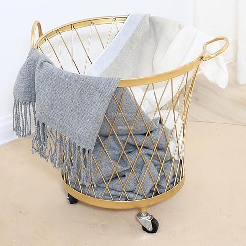 CAIYONG Shelf Metal Nordic Iron Art Bathroom Golden Dirty Clothes Basket with Wheels Light Luxury Home Clothes Toy for Organizing
