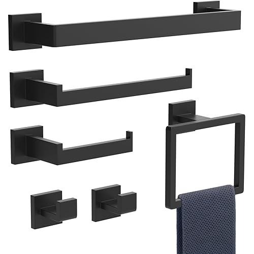 6-Piece Matte Black Bathroom Hardware Set, Heavy Duty Bath Towel Bar Set Including - 16" Towel Rack - Hand Towel Holder - Toilet Paper Holder - Towel Ring - Robe Towel Hook