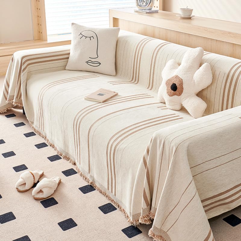 FYNNDM Mantas para sofás Manta para sofá Grande de 3 plazas, Manta Decorativa versátil de Tejido Jacquard de Chenilla con borlas, Colcha y sofá, Beige, 180 x 150 cm