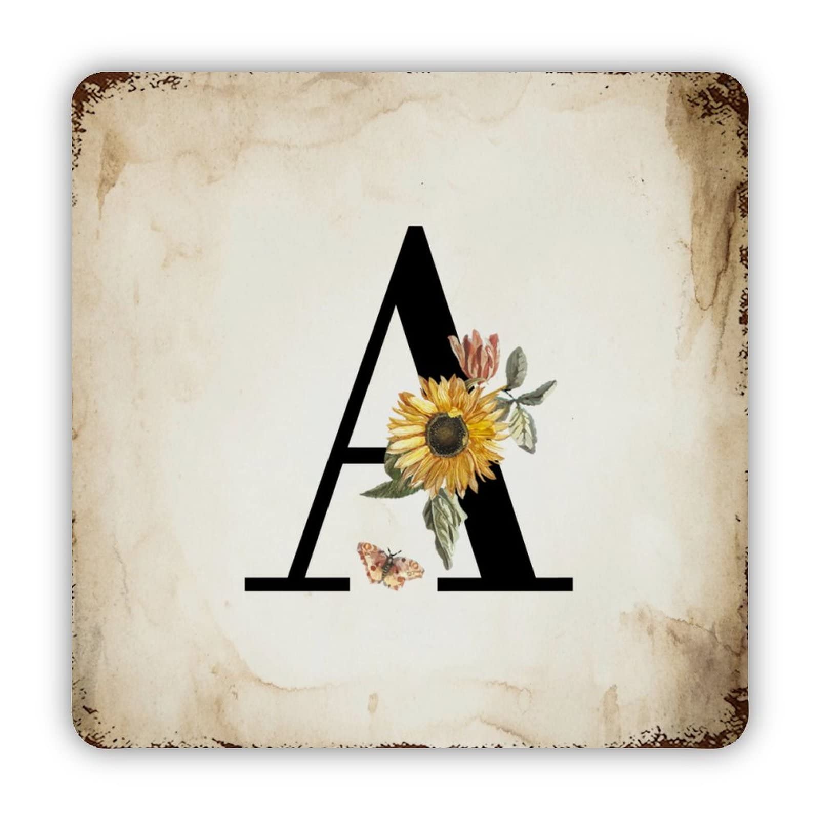 ENEDNATE Farmhouse Rustic Aluminum Sign Sunflower Black Monogram Alphabet Initial Letter A Metal Sign Retro Aluminum Tin Sign for Kitchen Bedroom Living Room Wall Art Door Home Decor Sign 12x12 Inch