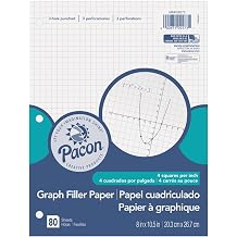Pacon Filler Paper, White, 3-Hole Punched, 1/4" Grid Ruled 8" x 10-1/2", 80 Sheets