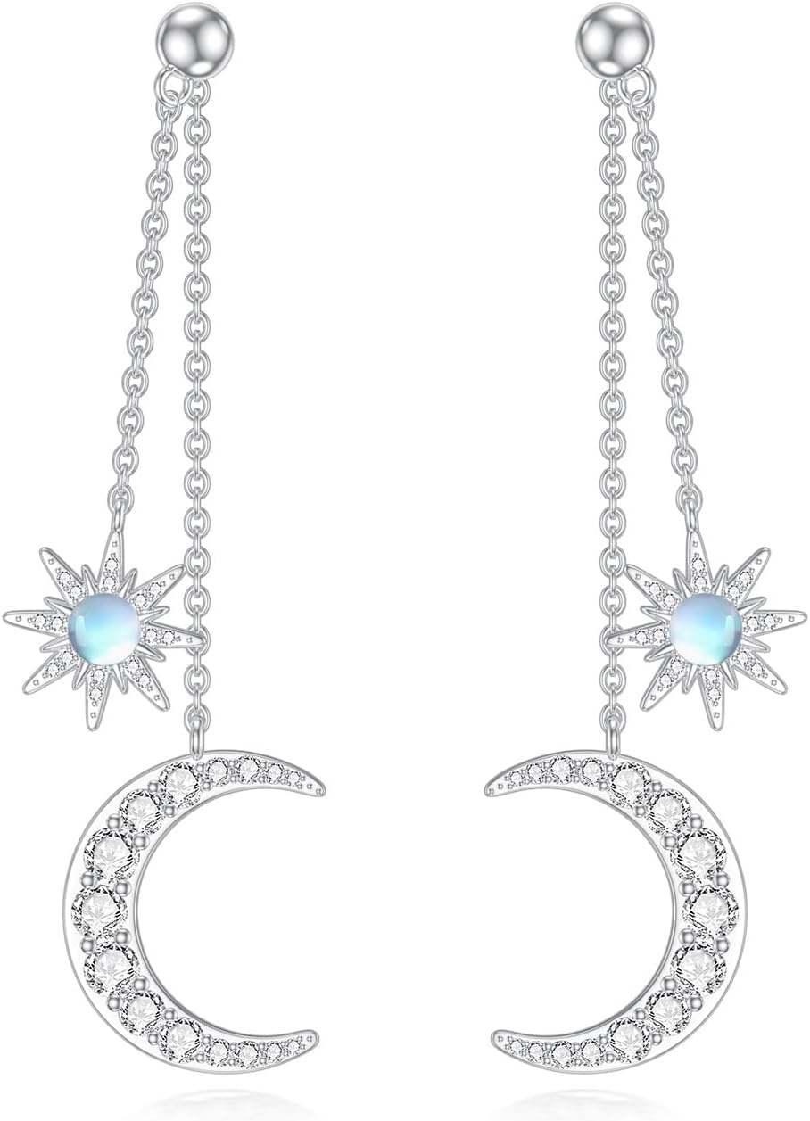 Moon Star Earrings for Women 925 Sterling Silver Moonstone Gemstone Sun and Moon Earrings Celestial Moon Jewelry Gifts for Girlfriend Wife