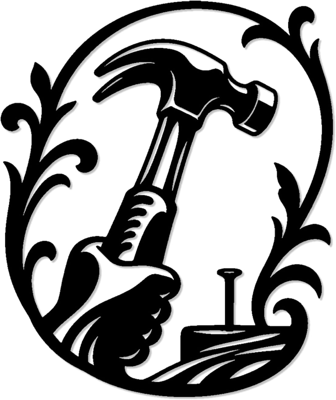 Hammer Hand And Nail In Floral Frame Metal Wall Art WallArt Decor Metal Outdoor Decor Metal Signs Rustic Whimsical Exquisite Wall Decoration For Garage Workshop Man Cave 12in