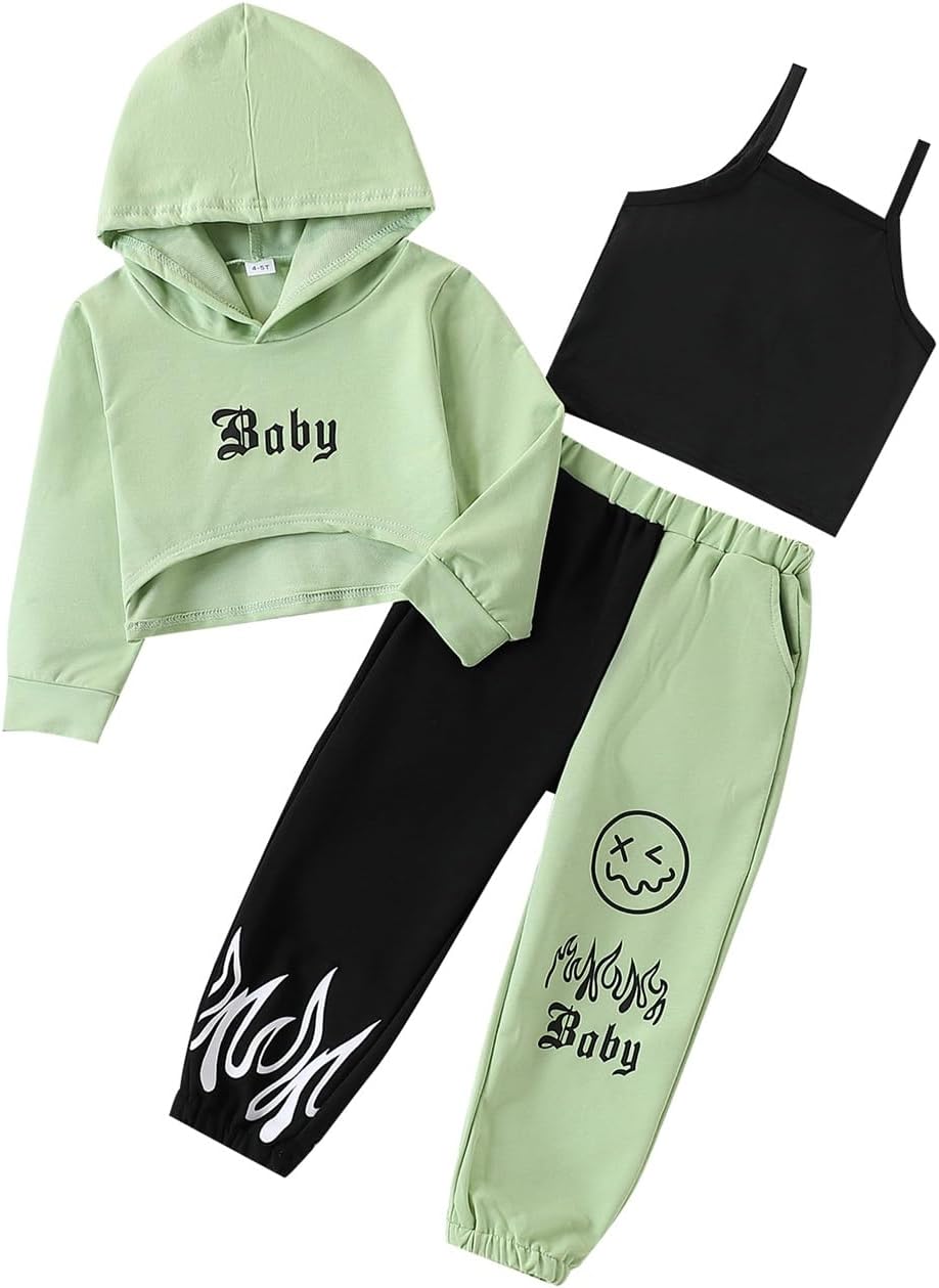 Axumity Kid Toddler Girls Clothes Outfits Letter Graphic Hoodie Sweatpants Cami Top 3PC Fall Winter Pant Set