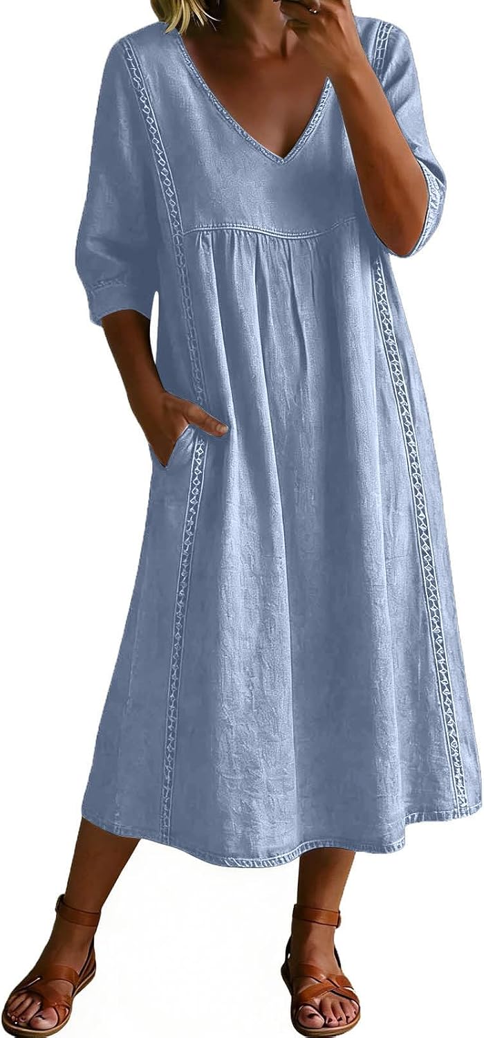 Women's Cotton Linen Dress Casual Button Down Flowy Plus Size Maxi Dresses 3/4 Sleeve Shirts Dress with Pockets