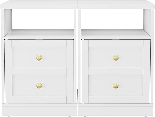 Miniatura 8 de RoyalCraft Juego de 2 mesas auxiliares, mesita de noche con estante de almacenamiento y puerta, mesa auxiliar de imitación de dos cajones, mesa