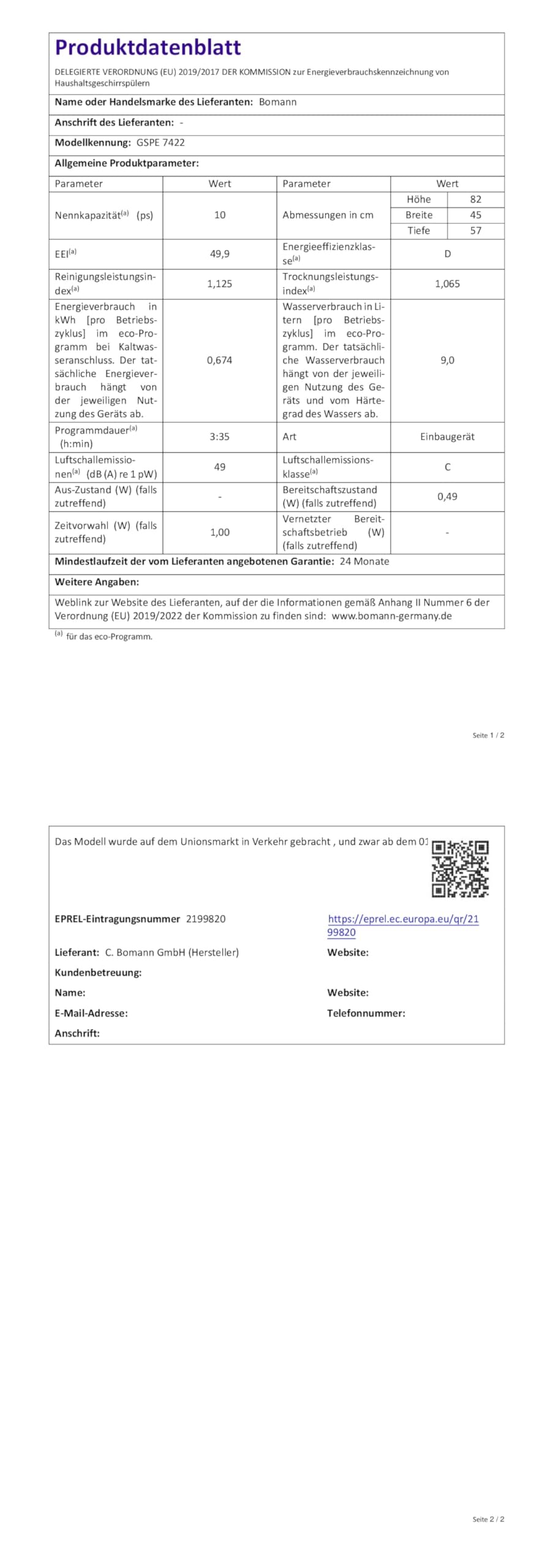 Bomann Geschirrspüler 45 cm teilintegriert Spülmaschine automatische Türöffnung Aquastop 6 Programme GSPE 7422 TI
