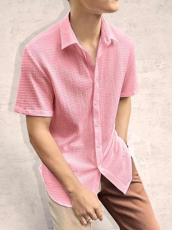 Image of Pinkmint Popcorn Shirt for Men Soild Slim Fit Sleeve Spread Collar Trendy Men Shirt Summer Wear Goa Wear Olive
