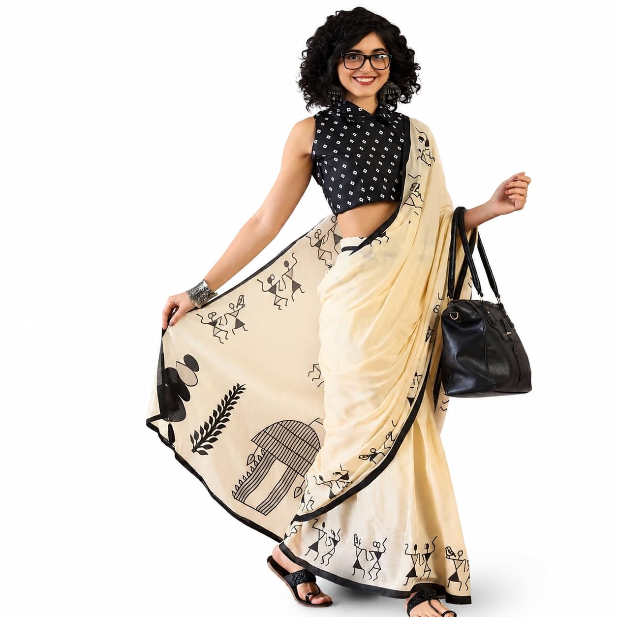 rangreet Warli Print Linen Cotton Saree with Blouse Piece, Cream-picture-43
