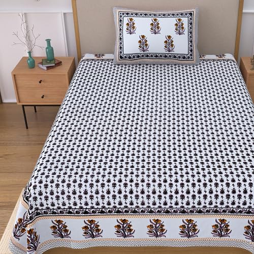 Image of 100% Cotton Single Bedsheet with 1 Pillow Cover | 240 TC Pure Cotton Flat Bed Sheet | Traditional Jaipuri Printed Bedding Set | Soft & Breathable | 60 x 90 Inch (Rangmahal Single 45)