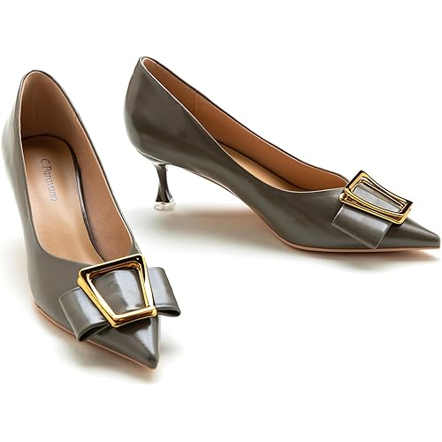 C.Paravano Women's Pumps | Pointed Toe Kitten Heel | Wedding Shoes with Metal Buckle | Soft Leather Pumps for Office Attire, Cocktail Parties,Date Nights
