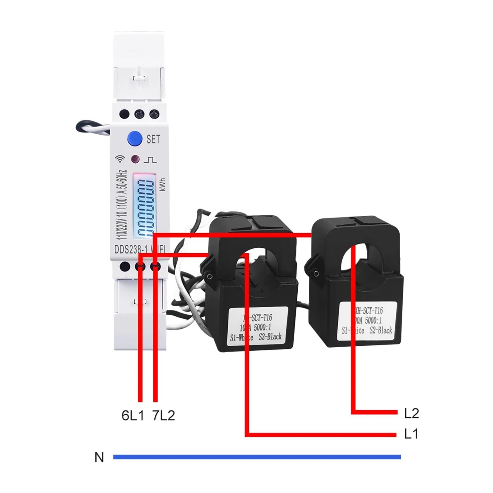 100 A, 18 mm, 2-fazowy, 3 przewody, inteligentny miernik energii, monitor zużycia energii, watomierz 110 V + 110 V, 1 sztuka
