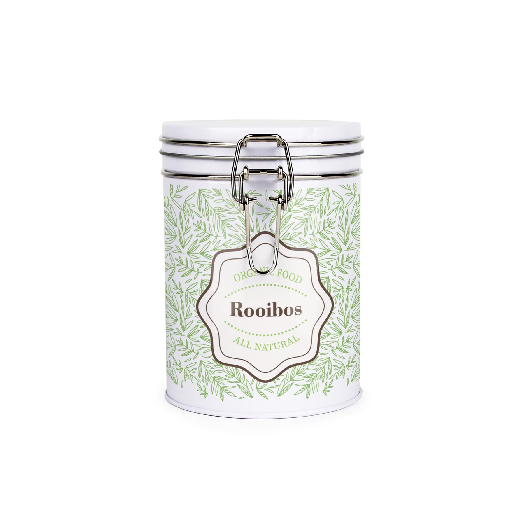 Organic Green Leaves Rooibos Storage Canister - Stylish Green Home Décor - White Metal Clip Lid Kitchen Drinks Essentials & Food Storage Jar/Container 700ml (13cm x 9.5cm) - Housewarming Gift